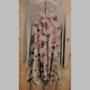 She + Sky Tan with Brown Floral Sheer Long Sleeve Short Lined Shift Dress Medium